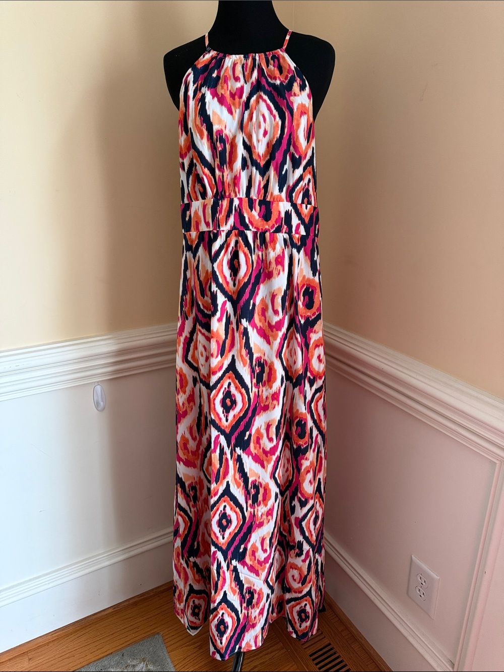 Ann Taylor Sleeveless Ikat Pink Orange and Navy Patterned Maxi Dress Size 10